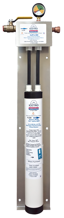 A vertical IcePro Series Water Filtration System mounted on a metal plate, featuring a cylindrical ice machine water filter, attached pipes above, pressure gauge, and labels with ICETRO branding and specs, designed for optimal scale elimination.