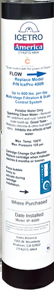 Tall, cylindrical ICETRO America water filtration system labeled with product info, flow rate, model (Pre-Carbon), specs, installation date (Nov 16, 2023), and usage instructions. Compatible with IcePro 400R replacement cartridge; mostly white with blue and orange accents.