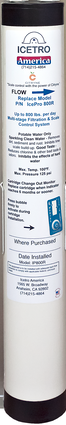 A white cylindrical replacement cartridge labeled “ICE PRO ARCTIC” for the IcePro 800R water filtration system. The label details flow rate, pH range, change instructions, warranty info, and installation date with blue and red accents for emphasis.