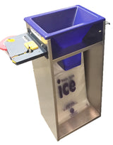 A stainless steel ice bagger with a blue plastic funnel on top. A clear plastic bag labeled ice hangs below to collect ice. A metal shelf with a yellow lever, red circular part, and tape sealer extends from the side for sealing the bags.