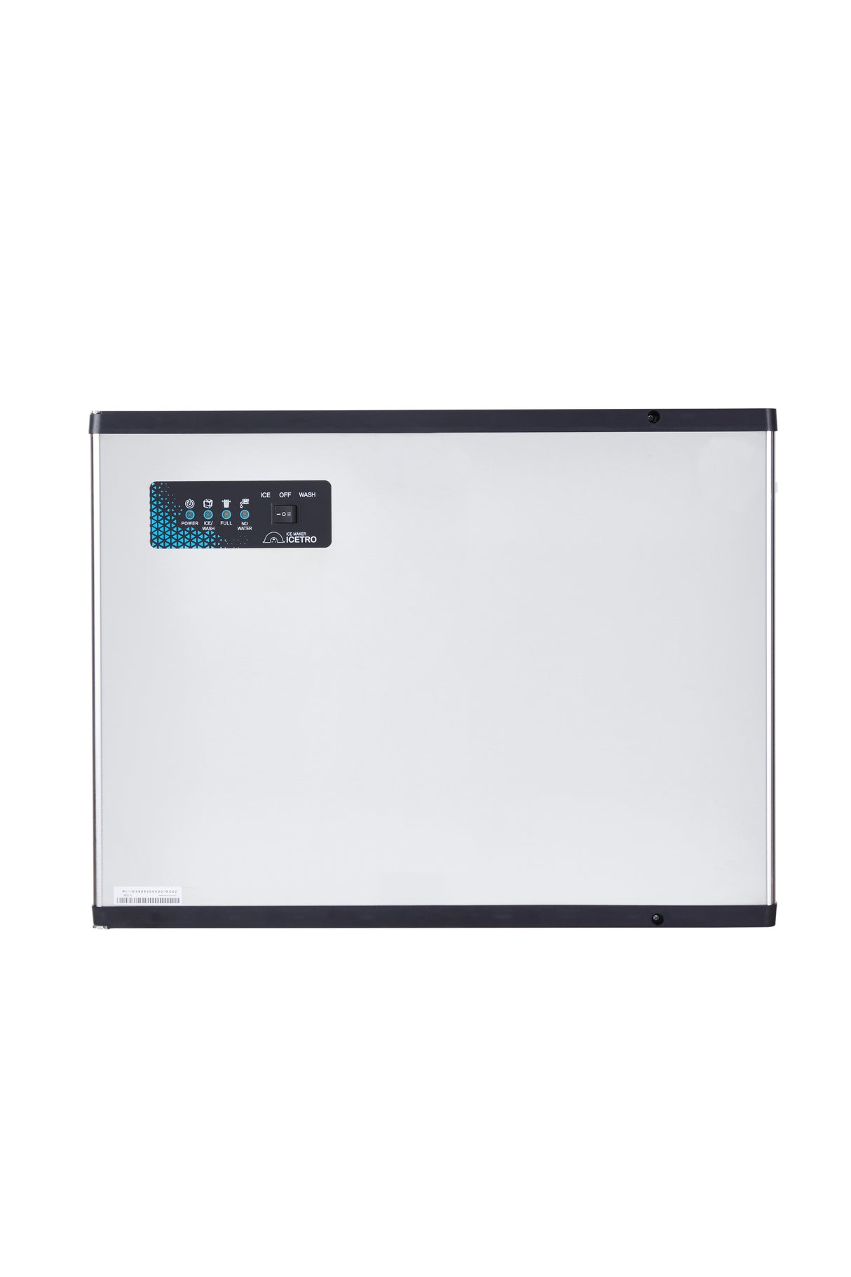A rectangular white wall-mounted device with a black border, resembling a cube-style ice maker, features a control panel with blue digital indicators and buttons on the upper left side. The panel displays numbers, icons, and a logo for user interface and settings.