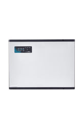 A rectangular white wall-mounted device with a black border, resembling a cube-style ice maker, features a control panel with blue digital indicators and buttons on the upper left side. The panel displays numbers, icons, and a logo for user interface and settings.