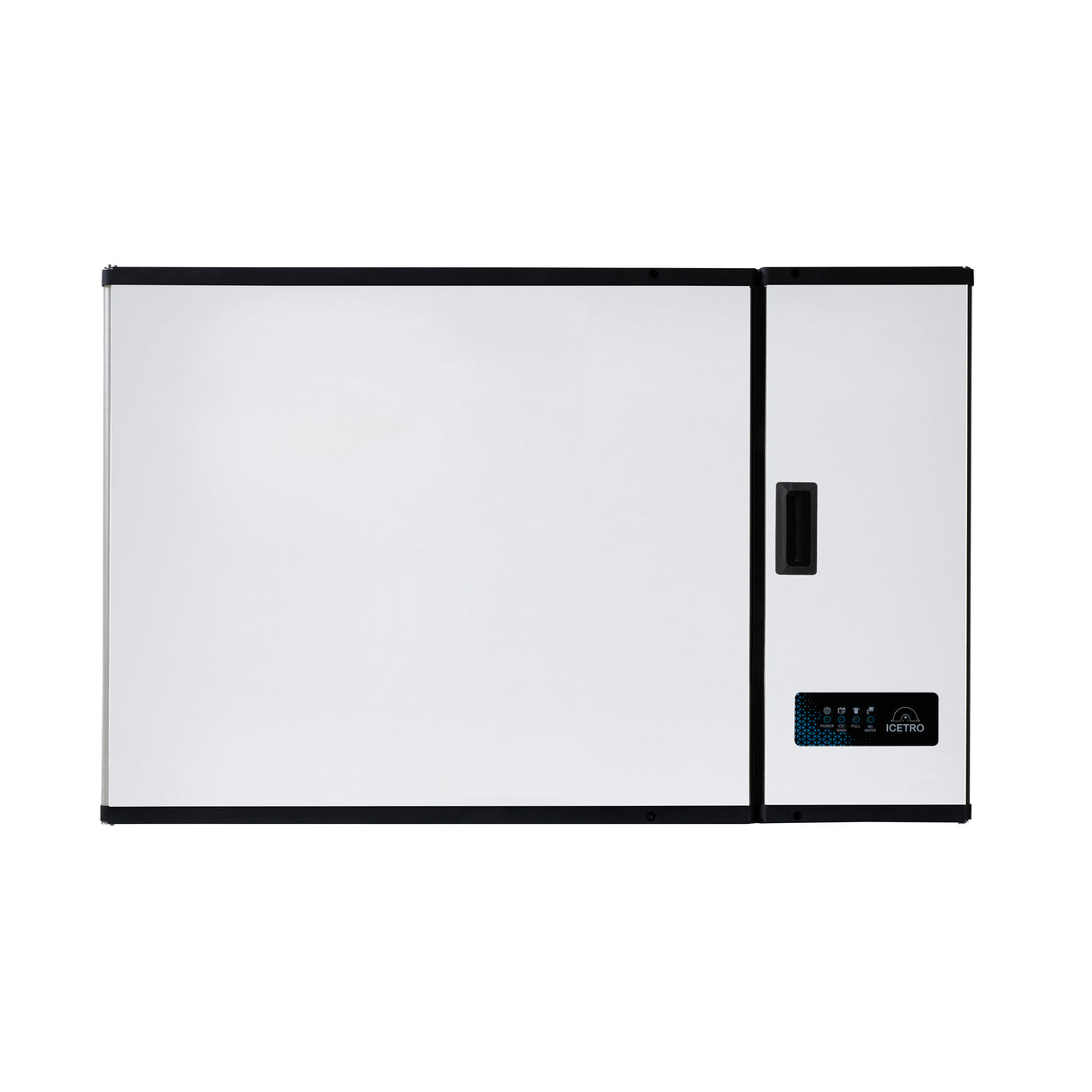 A rectangular white chest freezer with black trim, viewed from the front. The door features a black handle on the right side and a small control panel with a digital display, similar to those found on modular ice makers, in the bottom right corner.