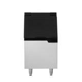 A commercial stainless steel ice bin with a black top, designed for efficient ice storage. Standing on four short metal legs, it features a front handle on the lid for easy access. The modern, functional design is photographed on a plain white background.