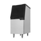 A commercial ice bin with a stainless steel body, black flip-up lid, and four metal legs. This rectangular, industrial ice storage unit is ideal for restaurants or commercial kitchens to keep ice organized and ready to use.