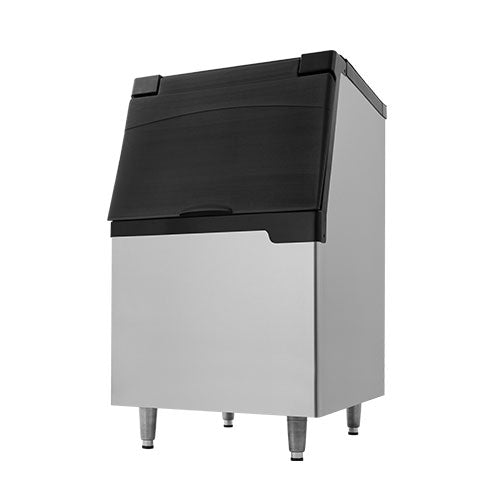 A commercial Ice Bin with a stainless steel exterior, black plastic flip-up lid, and four sturdy metal legs. Its rectangular shape and modern design provide 440 lbs storage, making it perfect for restaurants or food service environments. Background is plain white.