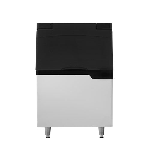 Front view of a commercial ice machine featuring a stainless steel lower body, black plastic top, and sturdy legs. The 350 lbs storage Ice Bin has an indented door with a subtle handle, all set against a plain white background.