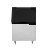 Front view of a commercial ice machine featuring a stainless steel lower body, black plastic top, and sturdy legs. The 350 lbs storage Ice Bin has an indented door with a subtle handle, all set against a plain white background.