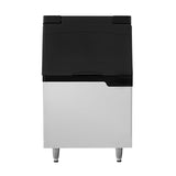 A commercial Ice Bin with a black top lid and stainless steel exterior stands on four legs, photographed against a plain white background. The bin features 440 lbs storage, a front-opening door, and a smooth, modern rectangular design.