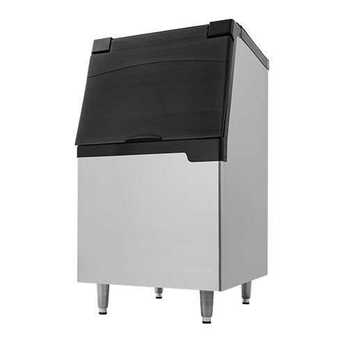 This Ice Bin features a stainless steel exterior, a black top lid, and front access panel. With 440 lbs storage capacity, it's ideal for restaurants or commercial kitchens needing ample ice storage in a modern rectangular design.