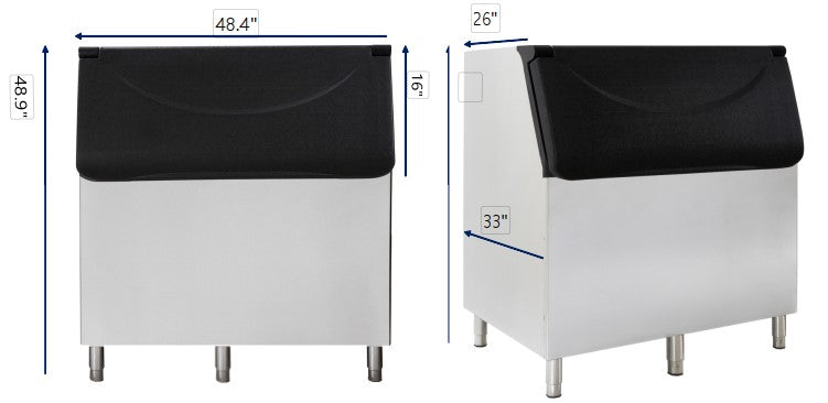 Two views of an 800 lb. storage Ice bin with a black lid and stainless steel body. Dimensions: width 48.4, depth 26, overall height 48.9, bin height 33. The bin stands on four metal legs.