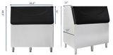 Two views of an 800 lb. storage Ice bin with a black lid and stainless steel body. Dimensions: width 48.4, depth 26, overall height 48.9, bin height 33. The bin stands on four metal legs.