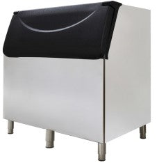 A large stainless steel Ice bin with an 800 lb. storage capacity, raised on four sturdy legs. The black, curved front lid provides easy access to ice. Its simple, functional design is ideal for restaurant or food service settings.