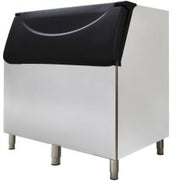 A large stainless steel Ice bin with an 800 lb. storage capacity, raised on four sturdy legs. The black, curved front lid provides easy access to ice. Its simple, functional design is ideal for restaurant or food service settings.