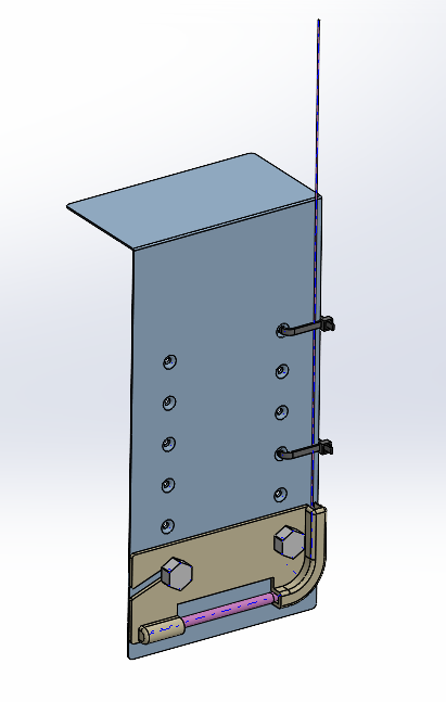 3D CAD model of a Bin Stat Kit showing a vertical metal plate with an angled top lip, multiple circular holes, two horizontal bolts, and a base assembly featuring two hexagonal nuts, bent pipe, horizontal rod, and rectangular channel.