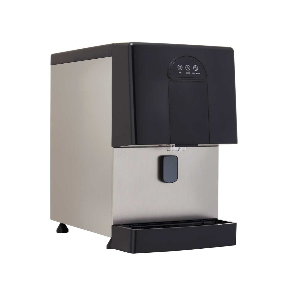 A modern countertop ice and water dispenser with a stainless steel body and black top. Three touch buttons are on the front panel above the dispensing area. A removable drip tray is attached at the bottom. The background is plain white.