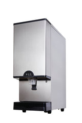 A modern, stainless steel ice and water dispenser with a clear plastic spout and a small control panel. The dispenser stands on a black base, featuring a sleek rectangular design, ideal as a countertop ice dispenser against a white background.