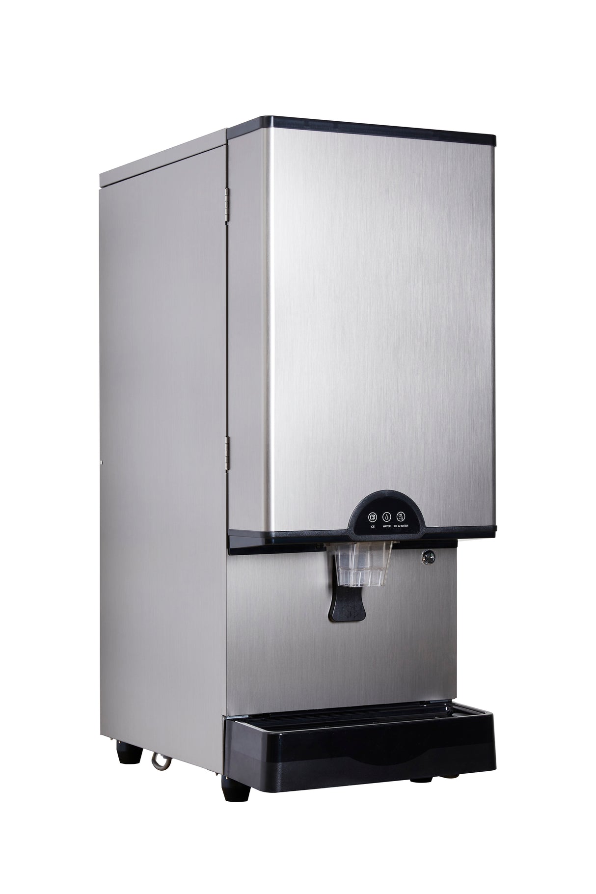 A stainless steel commercial nugget ice machine and beverage dispenser with black plastic accents, buttons, and a spout for serving drinks. It stands on small feet and has a tray at the bottom to catch drips. The background is plain white.