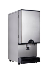 A stainless steel commercial nugget ice machine and beverage dispenser with black plastic accents, buttons, and a spout for serving drinks. It stands on small feet and has a tray at the bottom to catch drips. The background is plain white.