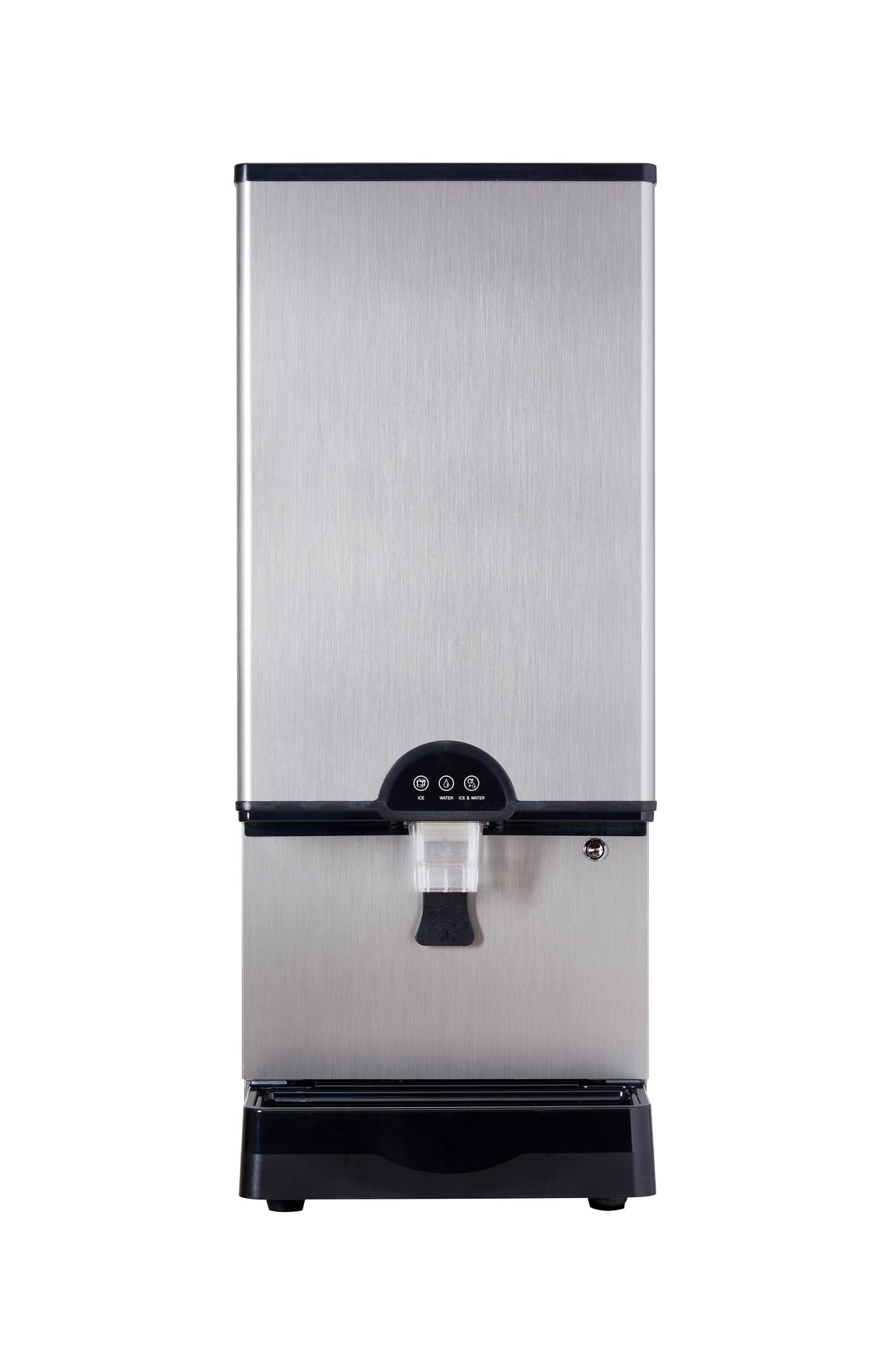 A sleek rectangular stainless steel ice and water dispenser features a black push-button tap in the center, a smooth metallic finish, and short black legs. Above the tap, there's a lock and control panel for easy operation.