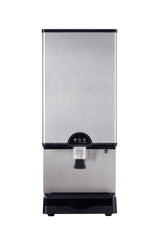 A sleek rectangular stainless steel ice and water dispenser features a black push-button tap in the center, a smooth metallic finish, and short black legs. Above the tap, there's a lock and control panel for easy operation.