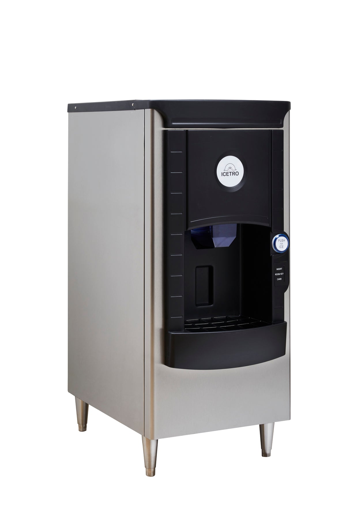 A sleek, modern floor model ice dispenser in silver and black stands on four metal legs. The front features a dispensing area, lever, and the round blue and white ICETRO logo. Ideal as a hotel ice dispenser with 141 lb ice storage capacity.