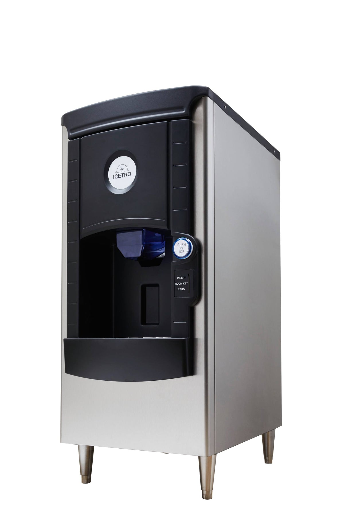 A stainless steel and black floor model ice dispenser with 141 lb ice storage, front dispensing area, control buttons, and digital display. The modern “ICETRO” hotel ice dispenser stands on four metal legs for a sleek countertop look.