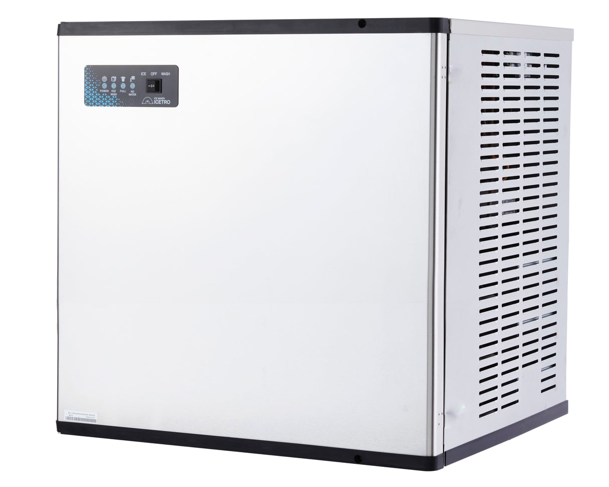 A silver Maestro Modular Ice Maker with a black top and vented right side. The front features a digital control panel in the upper left corner with buttons and indicators. Its boxy, industrial design is ideal for restaurant or bar use.