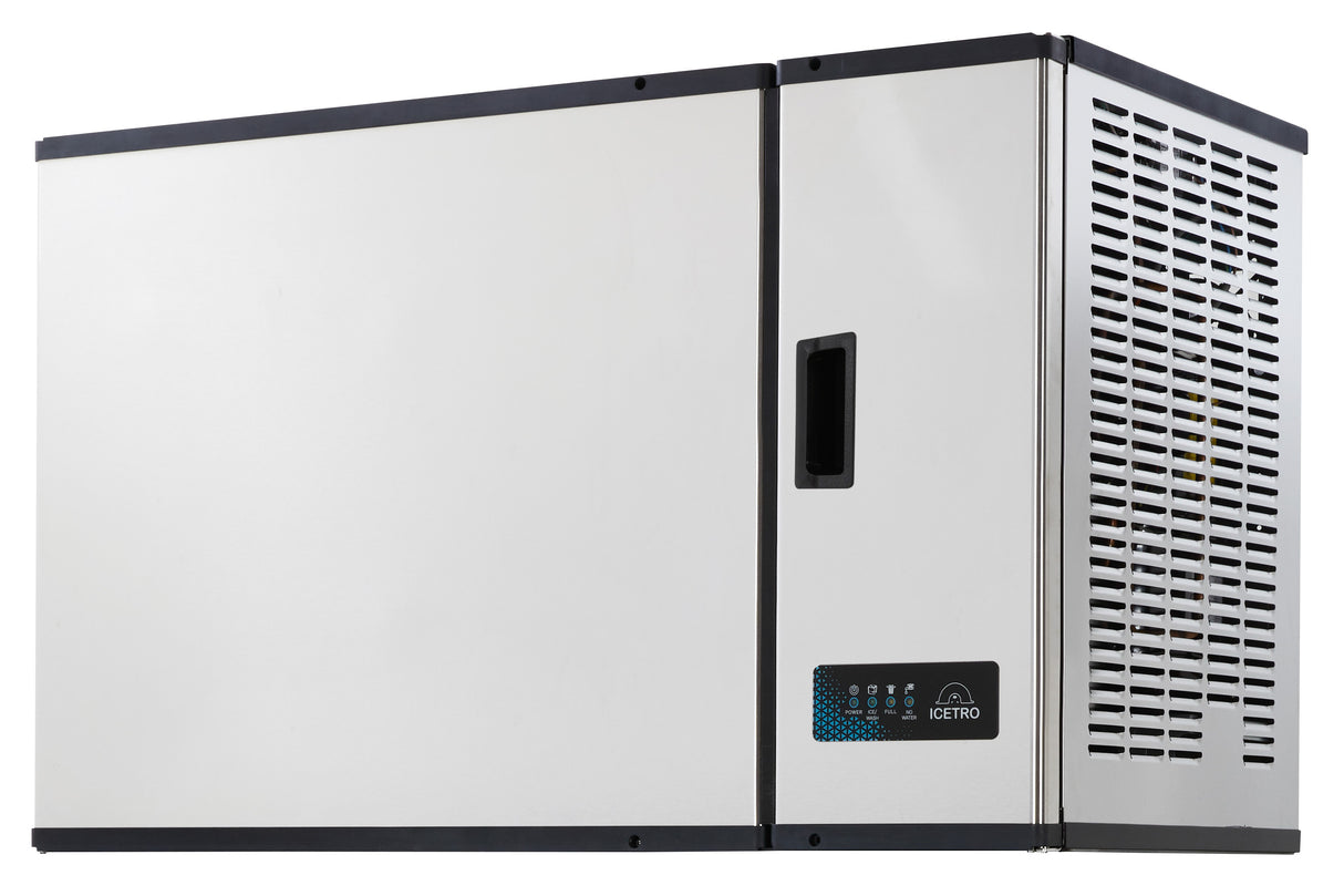 A high capacity ice machine with a white front panel, black trim, and right-side ventilation grilles. This modular ice maker features a small rectangular display and control panel on the lower right, perfect for commercial use.