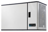 A high capacity ice machine, the Maestro Modular Ice Maker features a stainless steel build with a white front panel, black trim, vented side for air circulation, and a small digital control panel on the lower front right for easy monitoring.