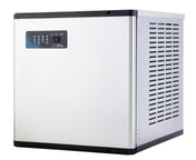 A stainless steel, box-shaped Maestro Modular Ice Maker by Icetro America features a vented side panel and a black control panel with buttons and indicator lights. This cube-style ice maker sits on a white background with black trim along the edges.