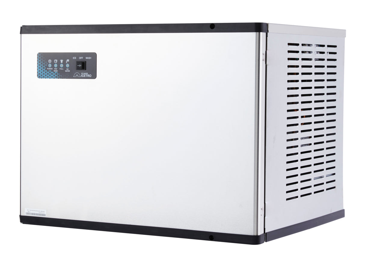 A rectangular stainless steel Icetro America modular ice maker with a black top and side vents. The front panel features a digital display and control buttons, while the right side has horizontal ventilation slits. The appliance is set against a white background.