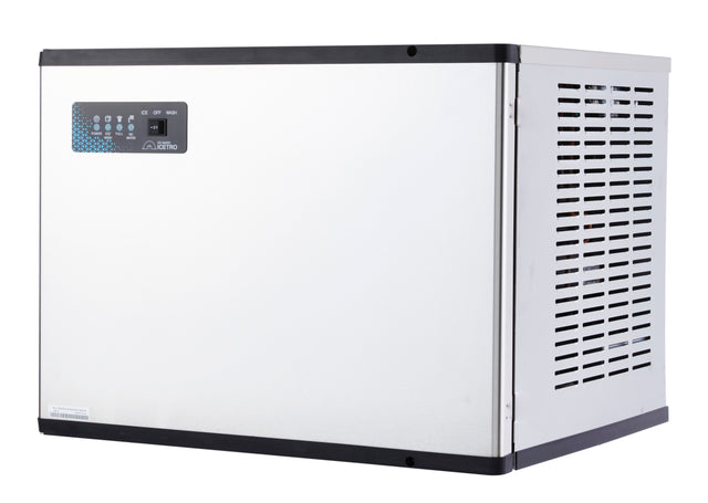 A rectangular stainless steel Icetro America modular ice maker with a black top and side vents. The front panel features a digital display and control buttons, while the right side has horizontal ventilation slits. The appliance is set against a white background.