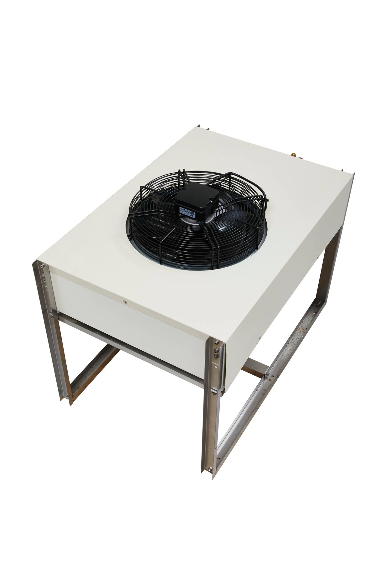 A rectangular industrial cooling unit from Icetro America with a white metal body stands on metal legs. This pre-charged remote condenser features a large black fan with a protective grille on top and brass fittings at the back, all set against a plain white background.