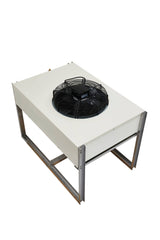 A rectangular industrial Remote Condenser by Icetro America features a white metal body on a sturdy frame. A large black circular fan with a protective grill is centered on top. The unit stands against a plain white background.