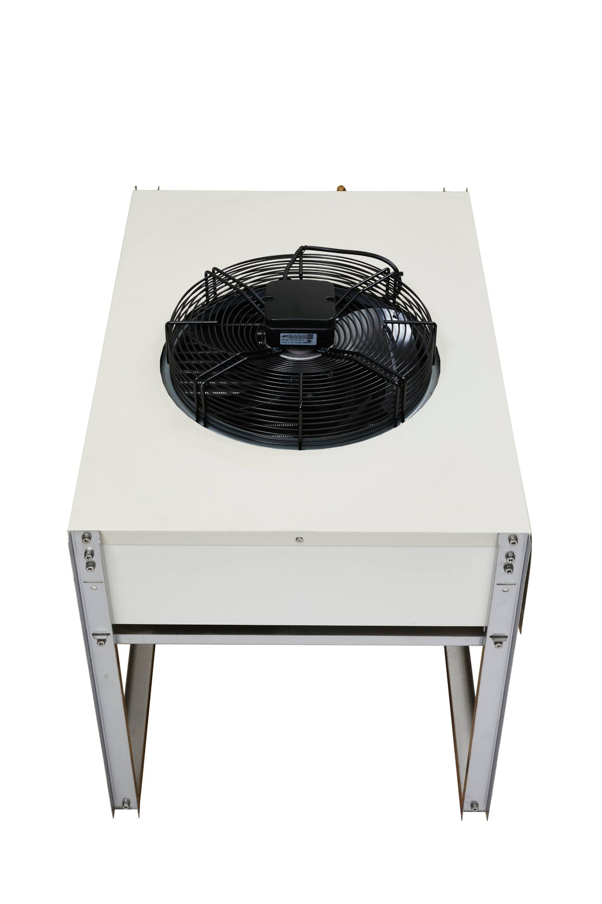 A large, white Icetro America industrial cooling unit with a black circular fan mounted on top. This remote condenser stands on metal legs and is pre-charged, photographed against a white background from the front and slightly above.