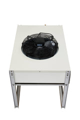 A large, white Icetro America industrial cooling unit with a black circular fan mounted on top. This remote condenser stands on metal legs and is pre-charged, photographed against a white background from the front and slightly above.