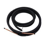 A coiled black insulated copper pipe, commonly used for air conditioning or refrigeration. This Pre-Charged Line Set features black foam insulation and two copper ends—one partially covered and the other fully exposed.