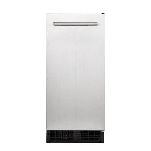 A front-facing view of a 304 stainless steel undercounter ice maker with a rectangular shape, a vertical bar handle near the top, and a black ventilation grate at the bottom. The modern surface produces perfect bell shaped ice and has no visible brand markings.