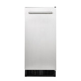 A front-facing view of a 304 stainless steel undercounter ice maker with a rectangular shape, a vertical bar handle near the top, and a black ventilation grate at the bottom. The modern surface produces perfect bell shaped ice and has no visible brand markings.