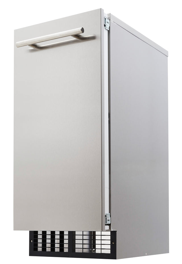 A stainless steel nugget ice maker with a sleek handle, vented black grille at the bottom, and minimalistic design. The appliance is photographed against a white background, showing its front and right side.