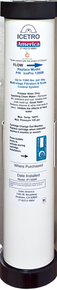 A tall white and black cylindrical water filter, labeled “IOFIRRO Arsenic Removal,” is shown beside an IcePro 1300R replacement cartridge. Blue text and diagrams detail flow rate, installation, and water filtration system instructions, with contact info at the bottom.