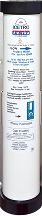 A tall white and black cylindrical water filter, labeled “IOFIRRO Arsenic Removal,” is shown beside an IcePro 1300R replacement cartridge. Blue text and diagrams detail flow rate, installation, and water filtration system instructions, with contact info at the bottom.