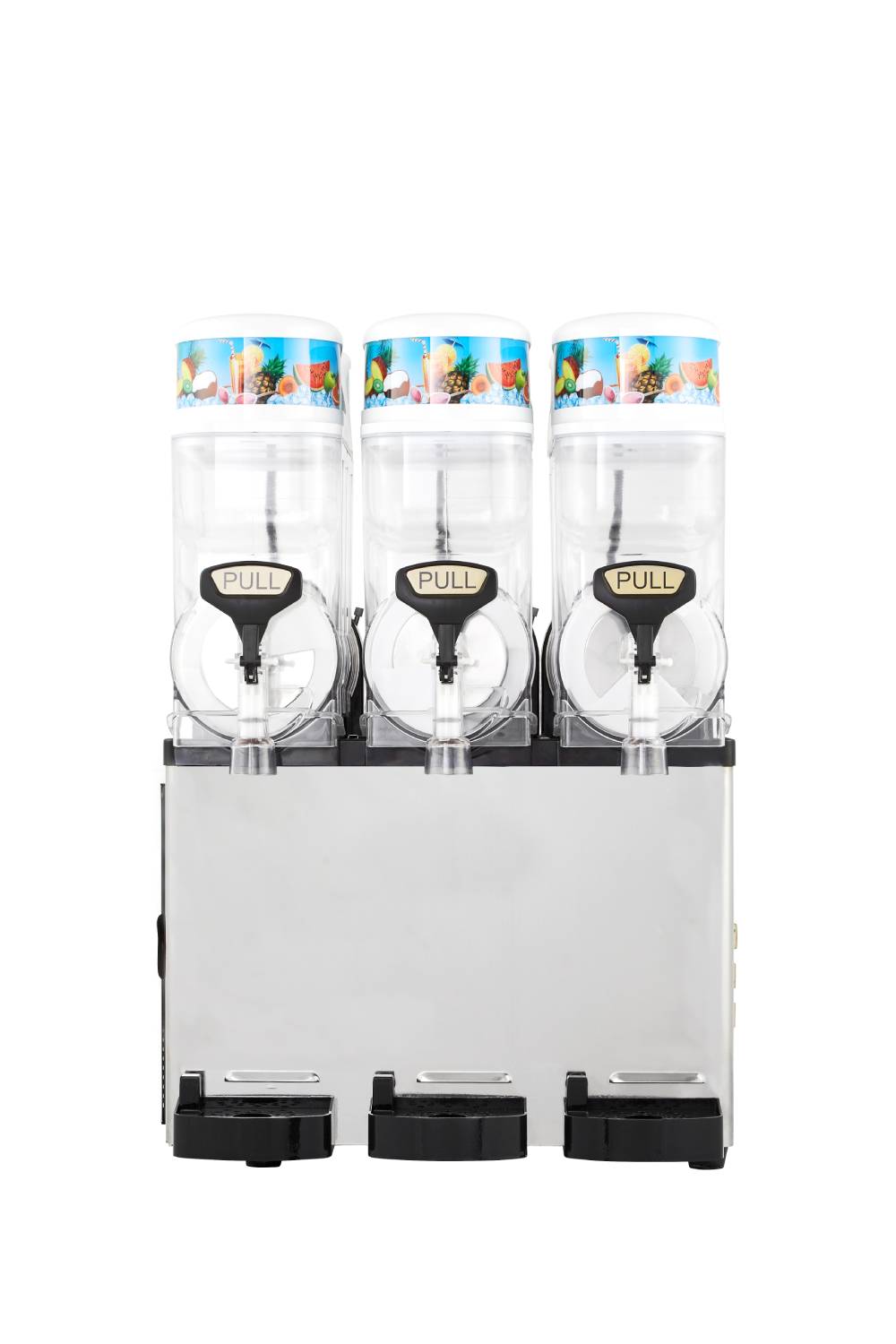 A commercial Icetro America frozen beverage dispenser with three clear, vertical tanks labeled “PULL.” The tanks, topped with vibrant fruit graphics, rest on a silver base with drip trays. The slush machine stands out against a white background.