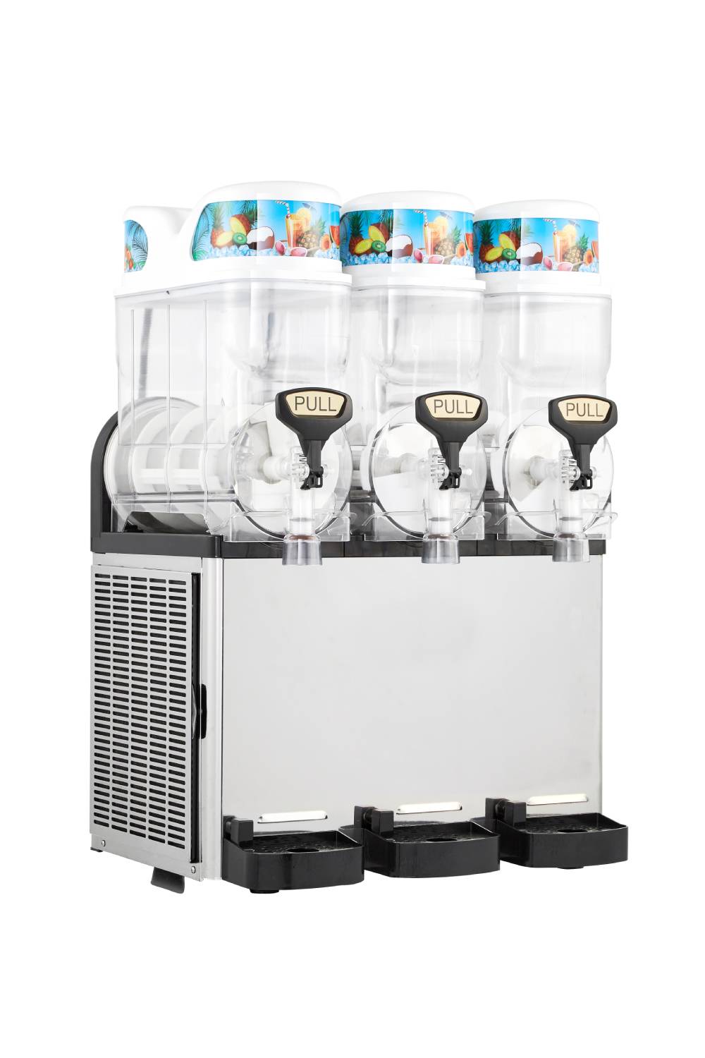 An Icetro America frozen beverage dispenser with three clear, cylindrical drink containers sits on a stainless steel base. Each slush machine container features colorful fruit graphics, black and silver levers, and matching drip trays below each dispenser.