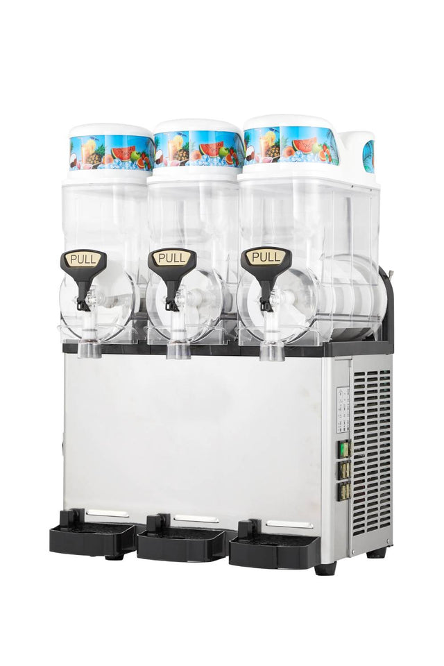 An Icetro America frozen beverage dispenser features three transparent mixing tanks with labeled PULL levers on a silver base. Each slush machine tank displays vibrant fruit graphics, with black drip trays beneath each dispenser.