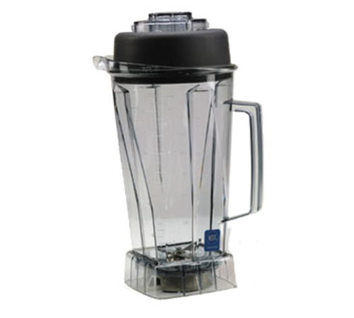 A transparent 64 oz Vitamix blender container with measurement markings, a handle on the right side, a black lid on top, and wet blade assembly visible at the bottom, set against a plain white background.