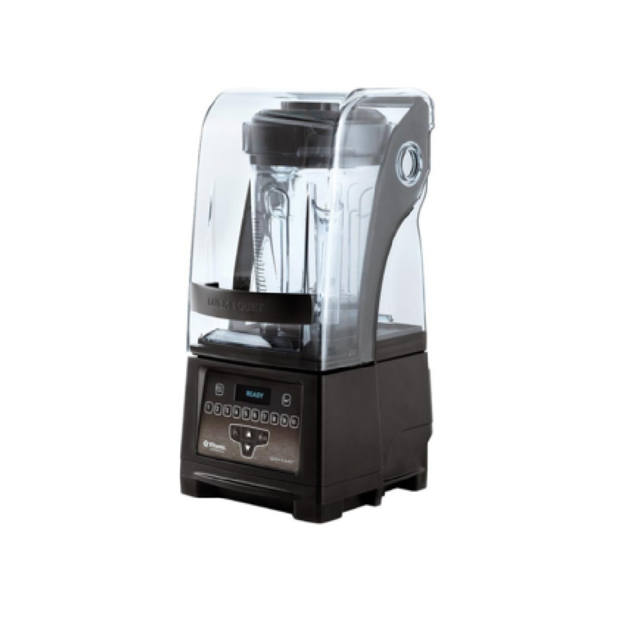 A BPA-Free Quick & Quiet Blender, this black countertop unit features a transparent sound enclosure, digital control panel, and clear pitcher for reduced noise. The Vitamix-inspired base includes buttons and a display screen, all set against a white background.
