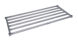 Rectangular metal rack with six evenly spaced horizontal bars and four raised corner supports, viewed at an angle on a white background. This heavy duty shelving is sturdy and ideal for holding or organizing various items.