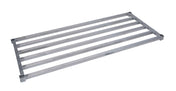 Rectangular metal rack with six evenly spaced horizontal bars and four raised corner supports, viewed at an angle on a white background. This heavy duty shelving is sturdy and ideal for holding or organizing various items.